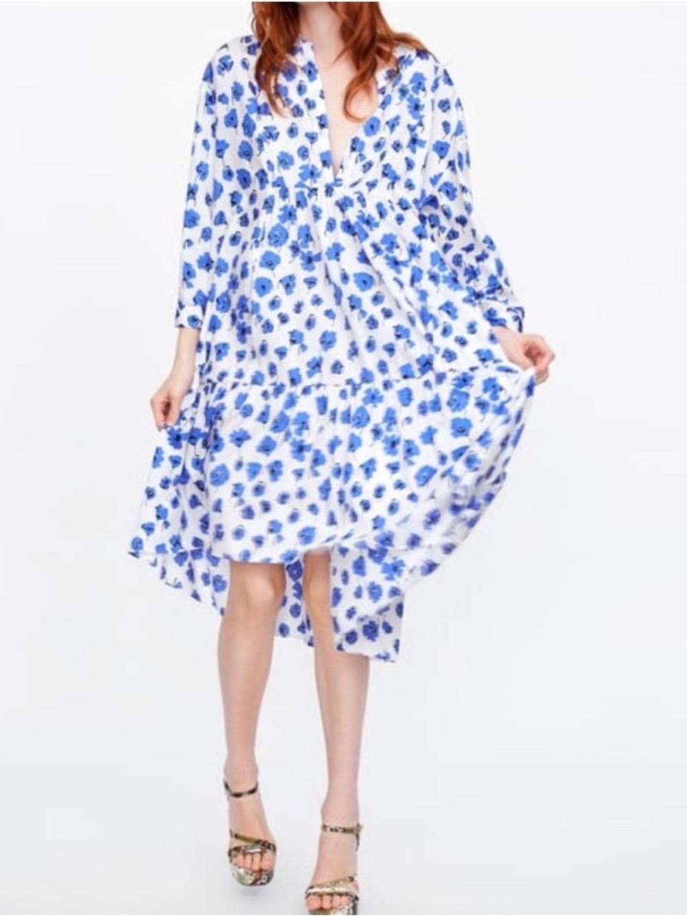 Zara White and Blue Floral High-Low Dress